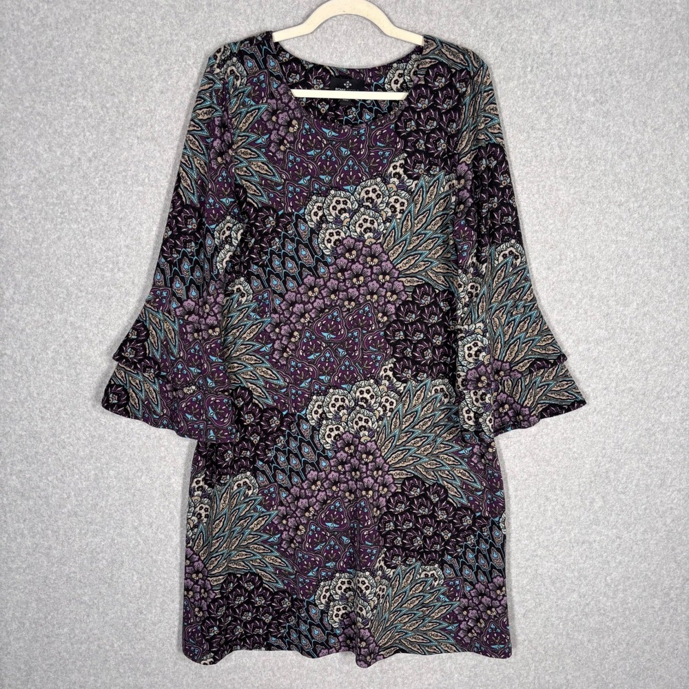 Ronni Nicole Knit Peacock Dress Large Purple Paisley Floral Tiered Ruffle Sleeve